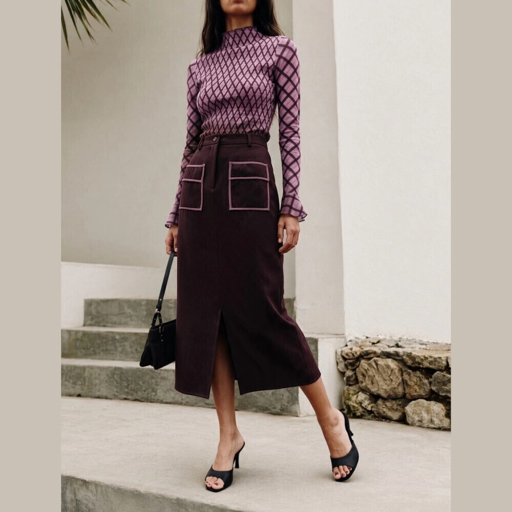 Burgundy Contrast Trim Patch Pocket Front Slit Maxi Skirt